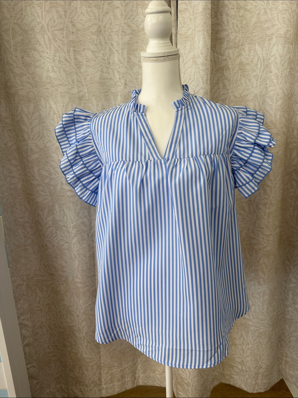 Blue Stripe Ruffle Sleeve Women's Top